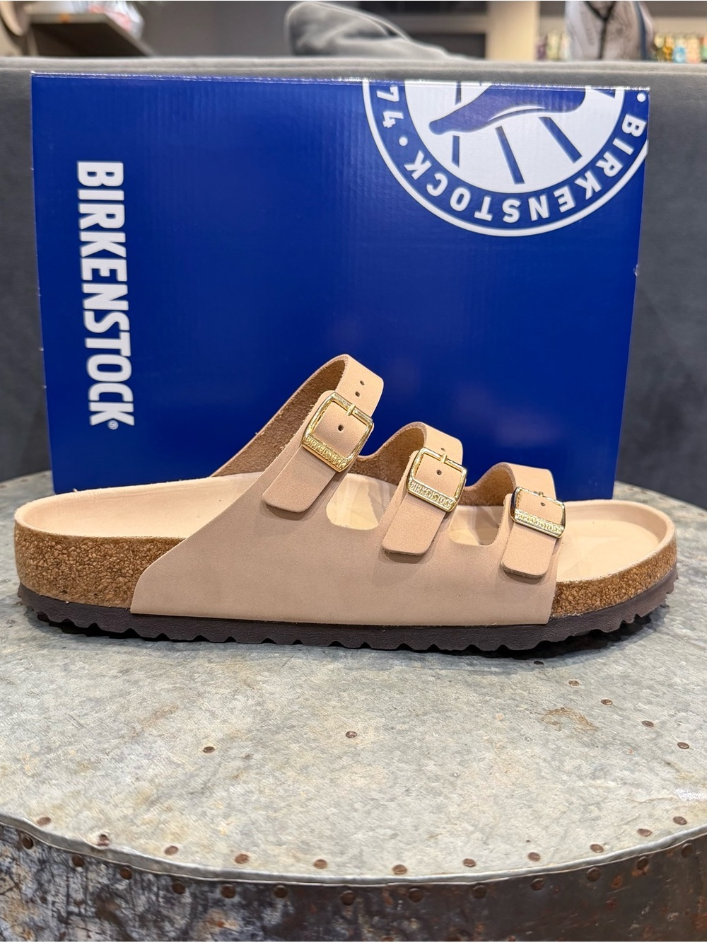 Birkenstock Florida Sandals in Beige with Gold Buckles